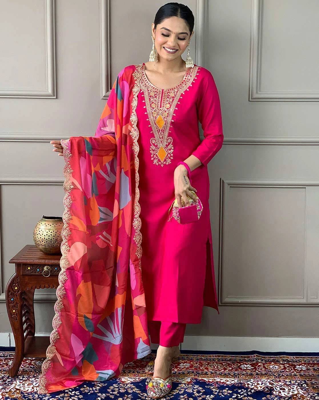 Fuchsia Pink Embroidered Straight Kurta Set
