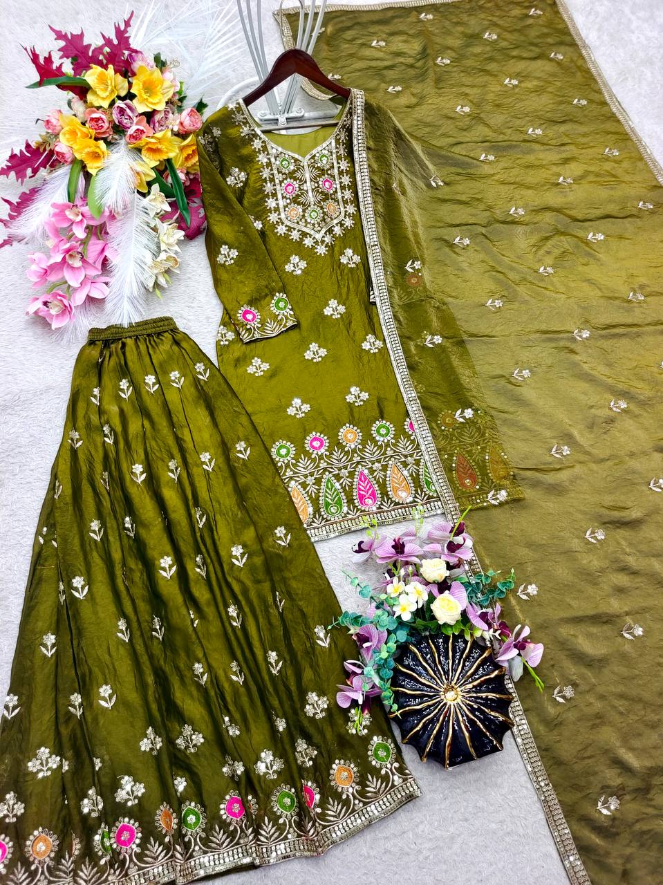 Olive Green Embroidered Sharara Suit Set with Dupatta