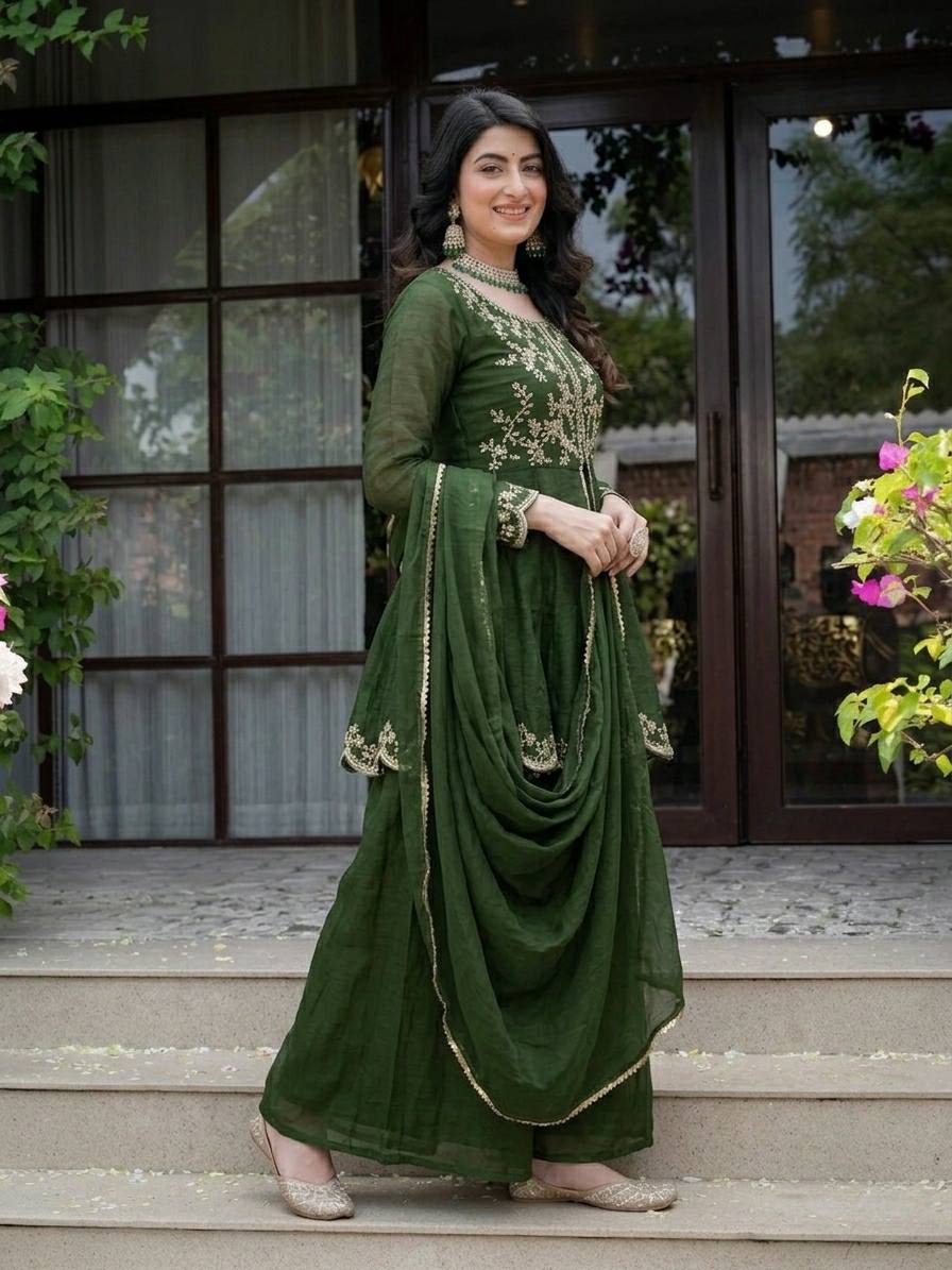 Bottle Green Embroidered Sharara Suit Set with Dupatta