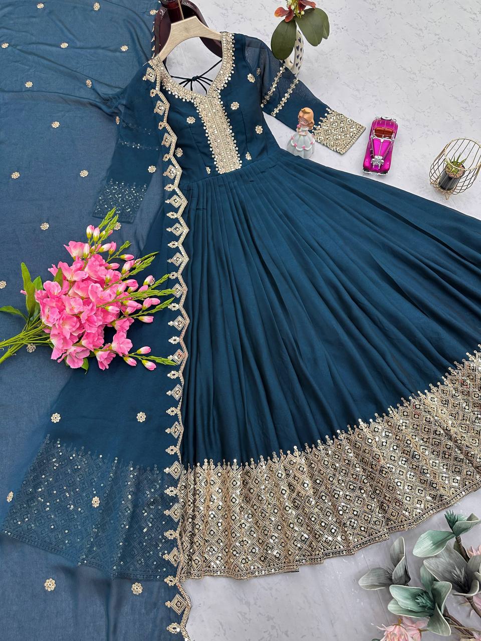 Teal Blue Embroidered Anarkali Gown with Silver Border
