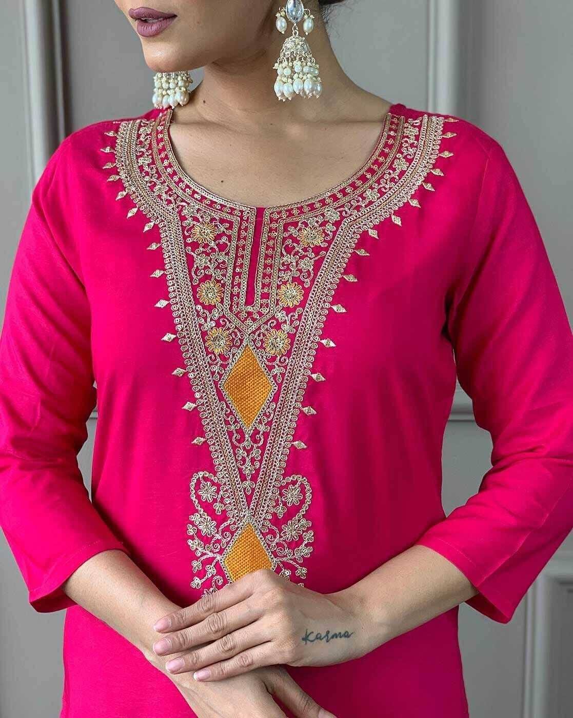 Fuchsia Pink Embroidered Straight Kurta Set