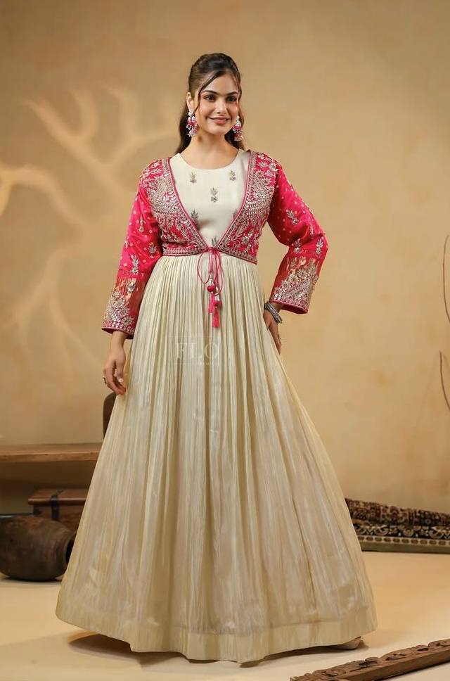 Ivory Anarkali Gown with Pink Embroidered Jacket