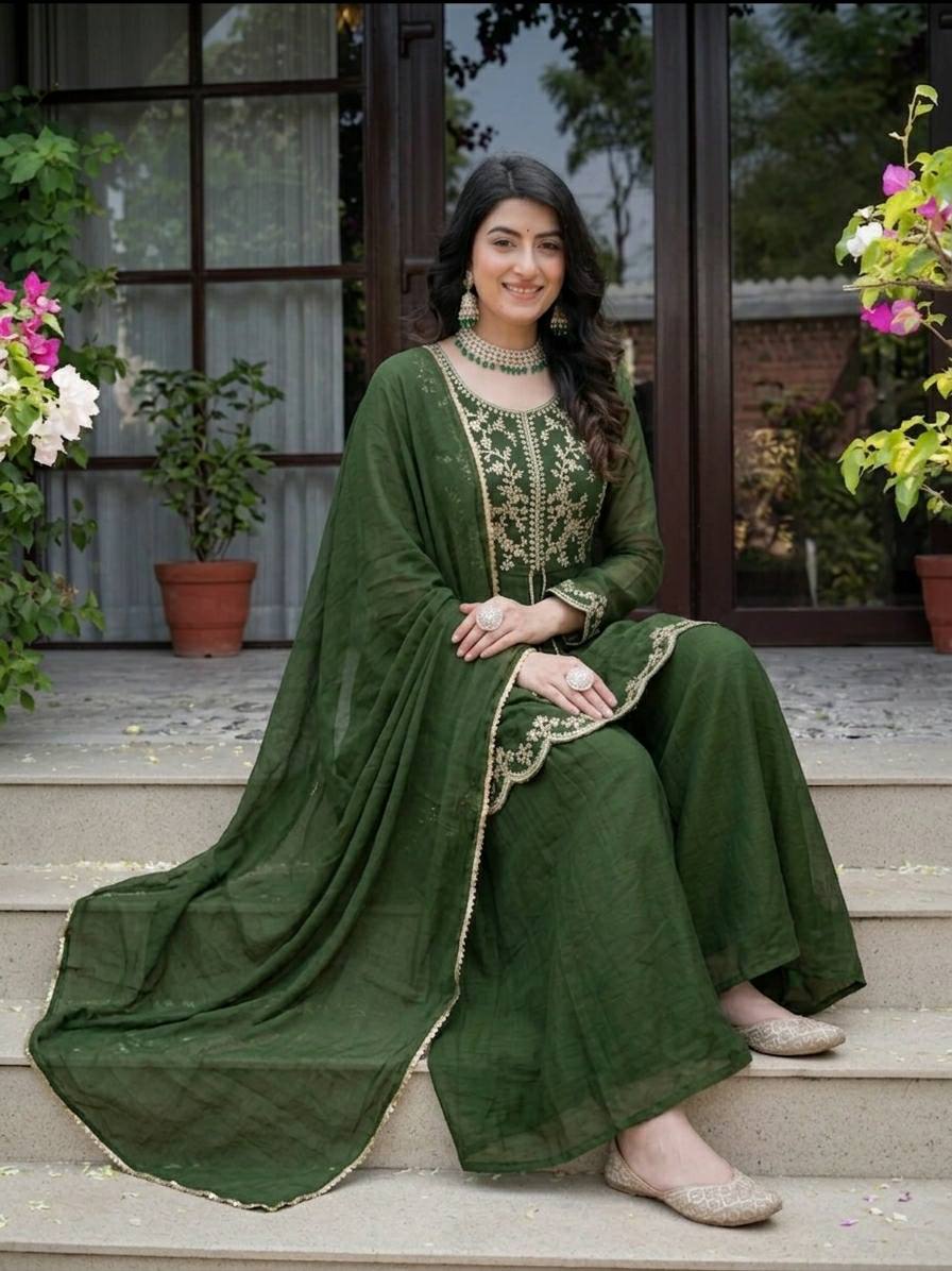 Bottle Green Embroidered Sharara Suit Set with Dupatta