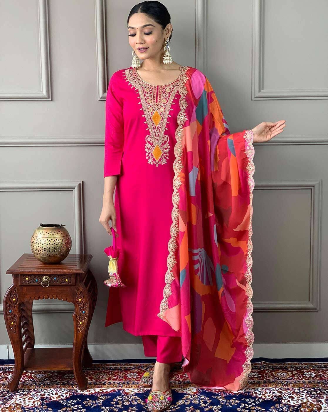 Fuchsia Pink Embroidered Straight Kurta Set