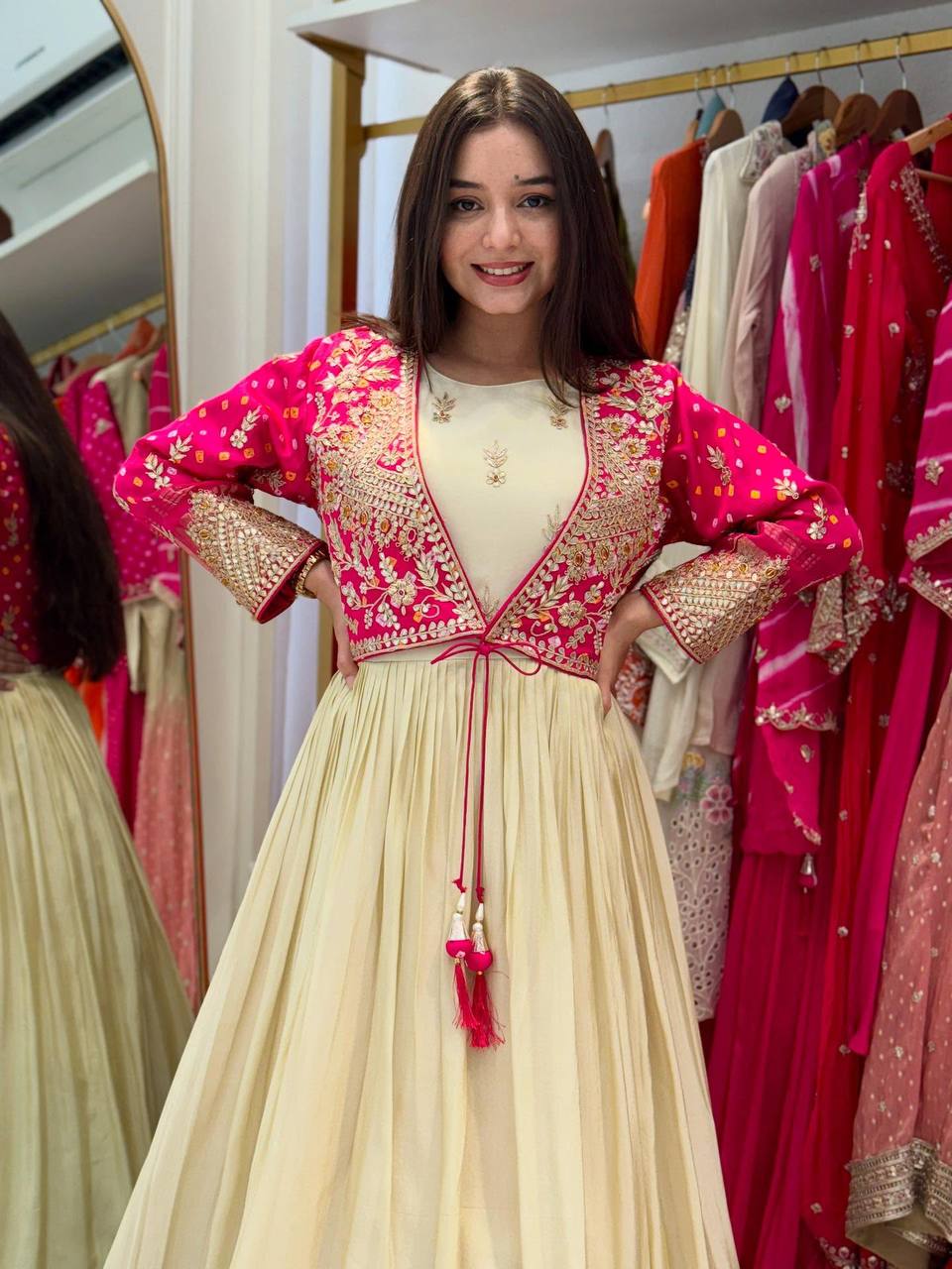 Ivory Anarkali Gown with Pink Embroidered Jacket