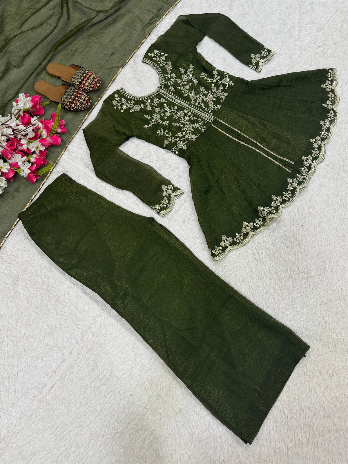 Bottle Green Embroidered Sharara Suit Set with Dupatta