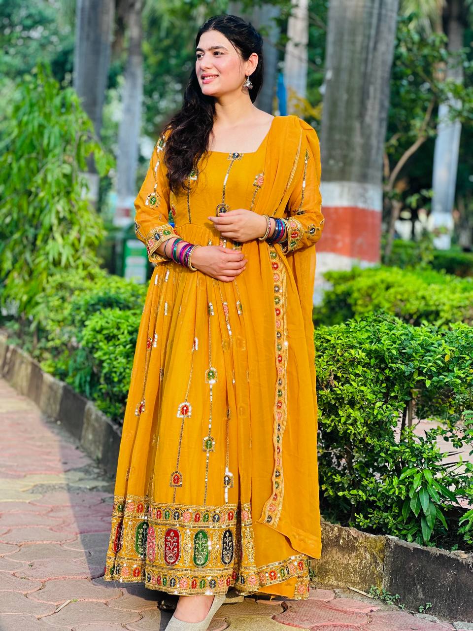 Mustard Yellow Embroidered Anarkali Suit with Dupatta