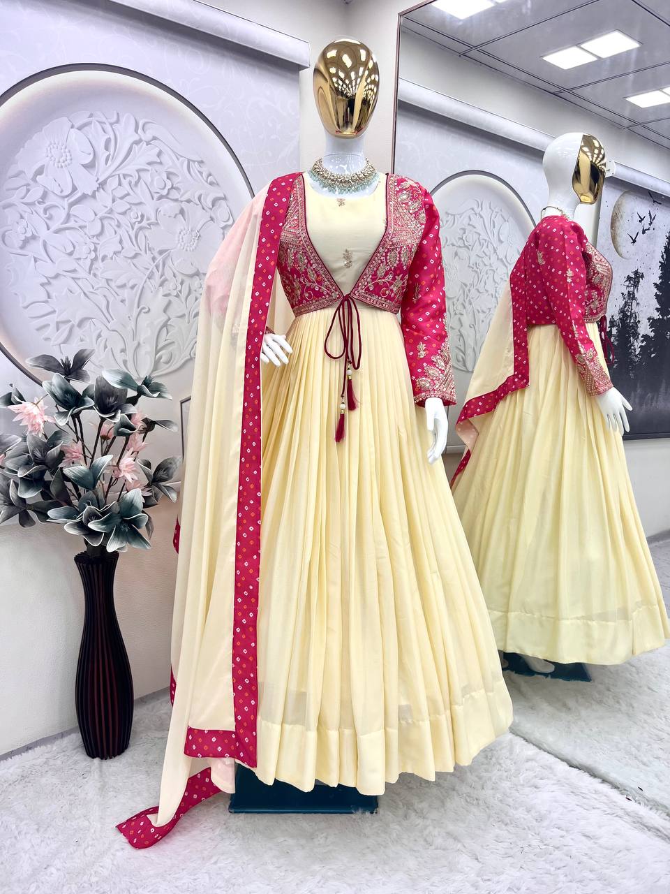 Ivory Anarkali Gown with Pink Embroidered Jacket