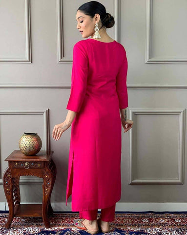 Fuchsia Pink Embroidered Straight Kurta Set
