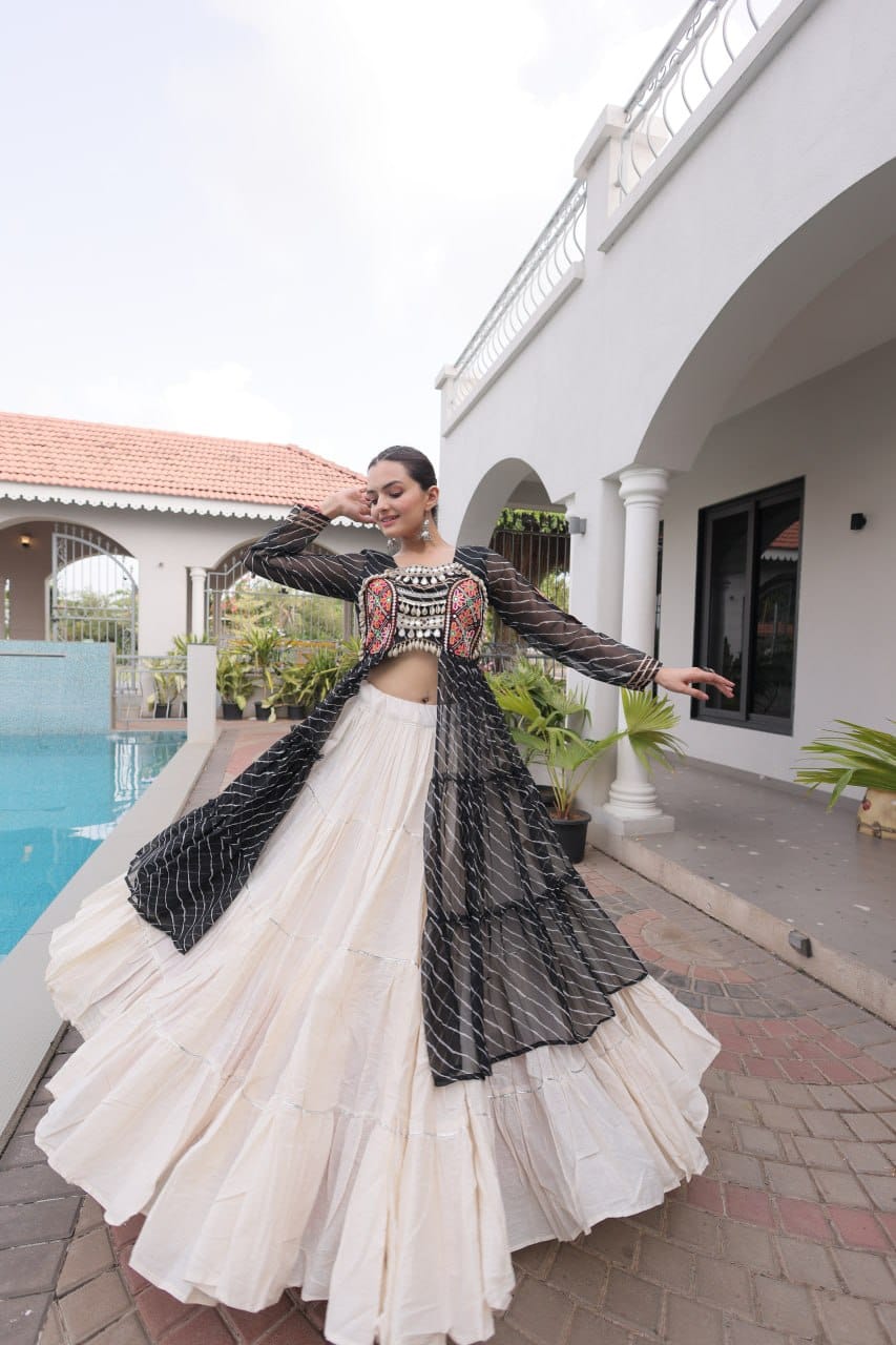 Women’s Black & White Navratri Lehenga Set with Embroidered Jacket