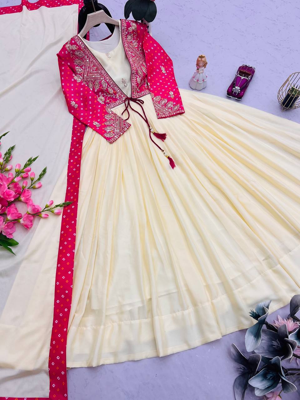 Ivory Anarkali Gown with Pink Embroidered Jacket