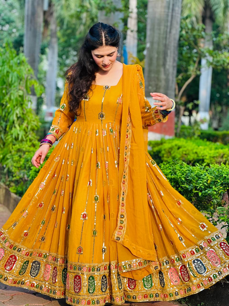 Mustard Yellow Embroidered Anarkali Suit with Dupatta