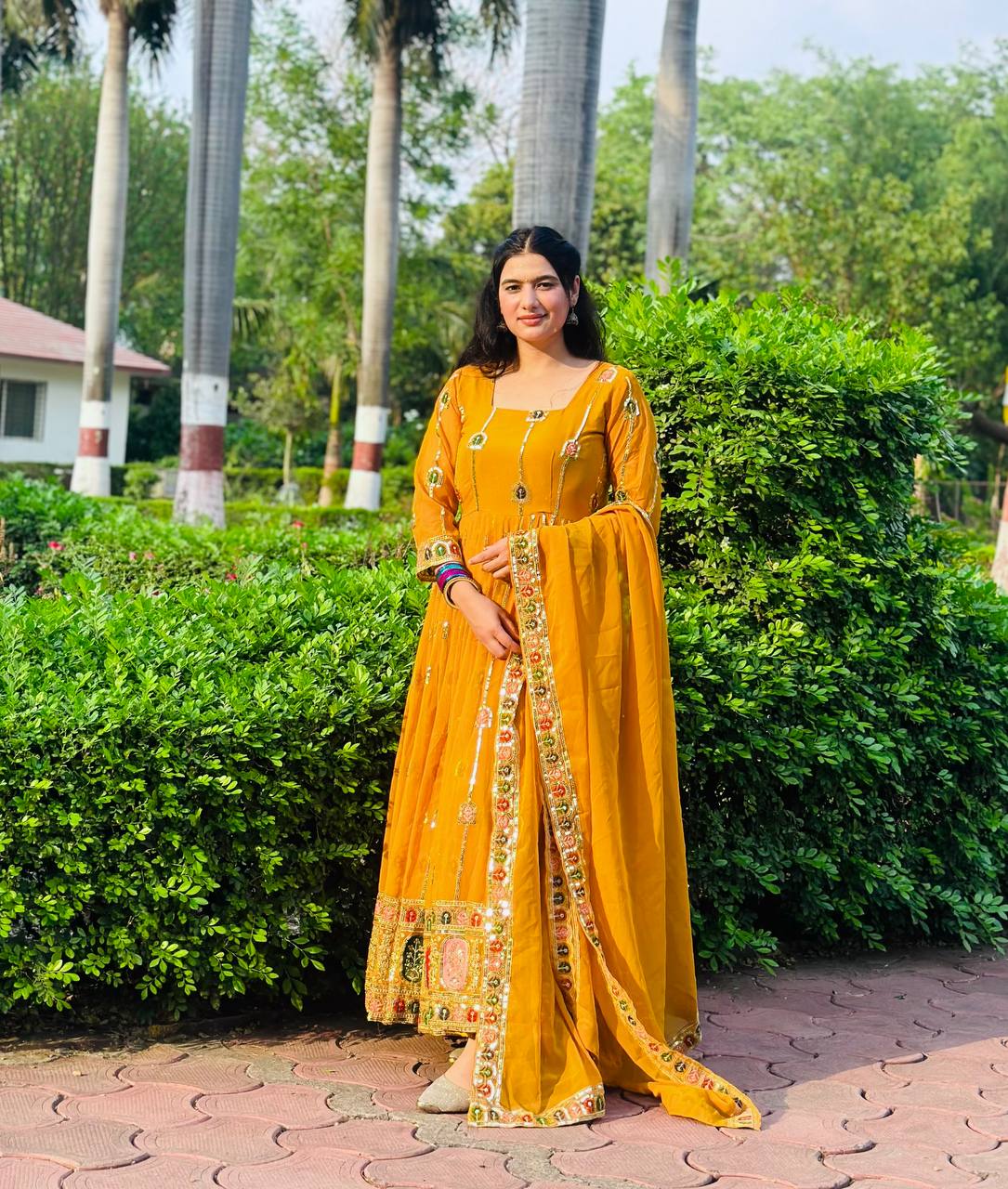 Mustard Yellow Embroidered Anarkali Suit with Dupatta