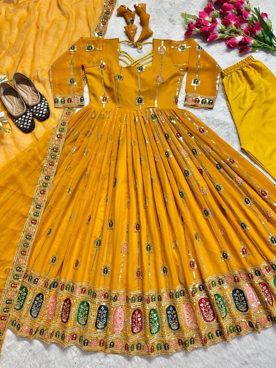 Mustard Yellow Embroidered Anarkali Suit with Dupatta