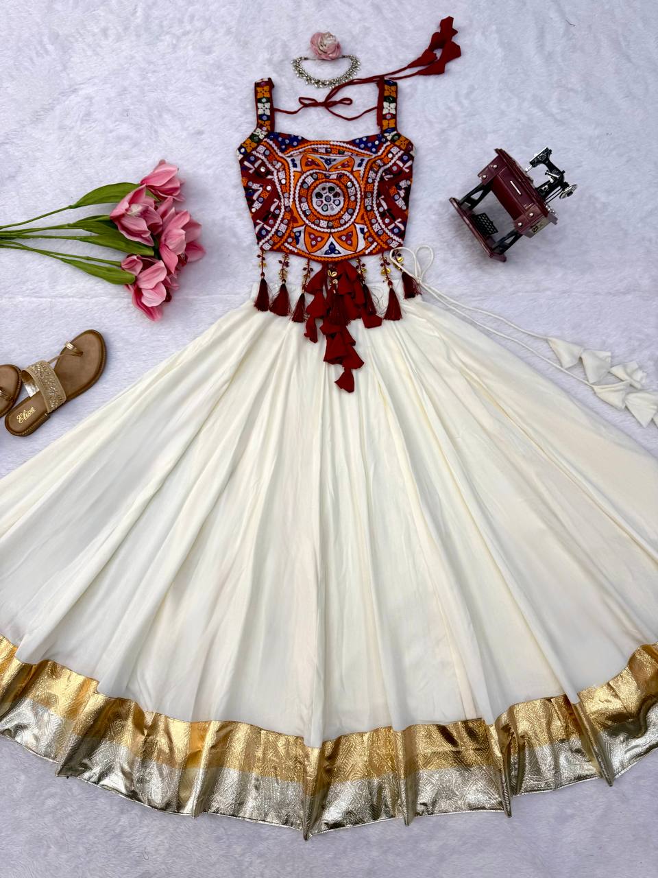 White Embroidered Chaniya Choli with Mirror Work & Gold Border