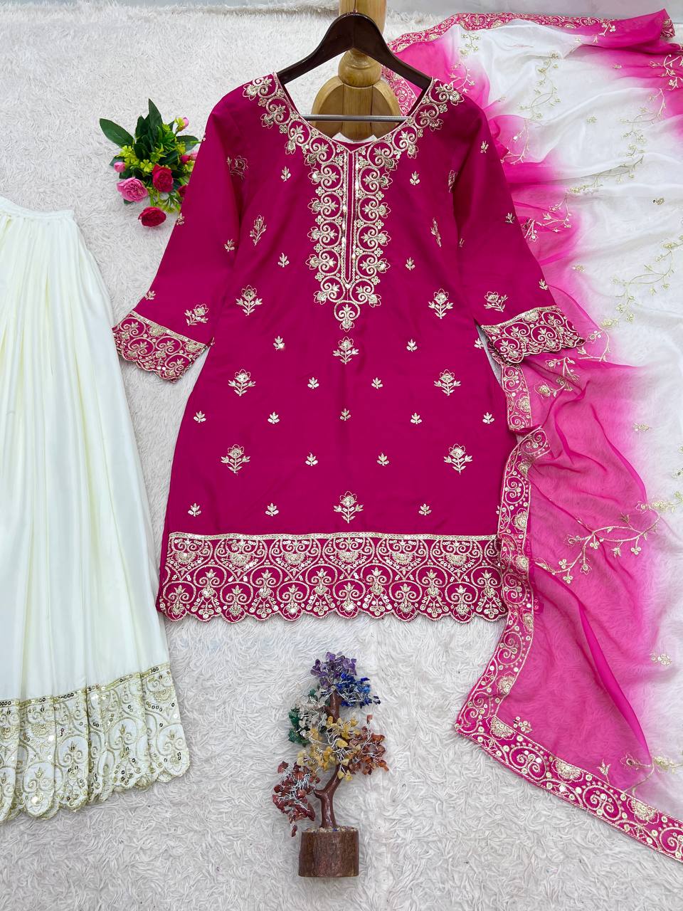 Pink Embroidered Kurta with White Palazzo & Dupatta Set