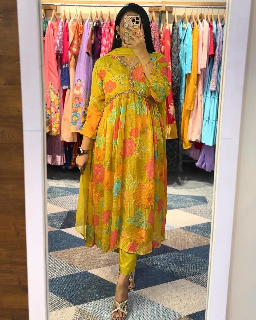 Mustard Yellow Floral Printed Anarkali Kurta Set with Dupatta