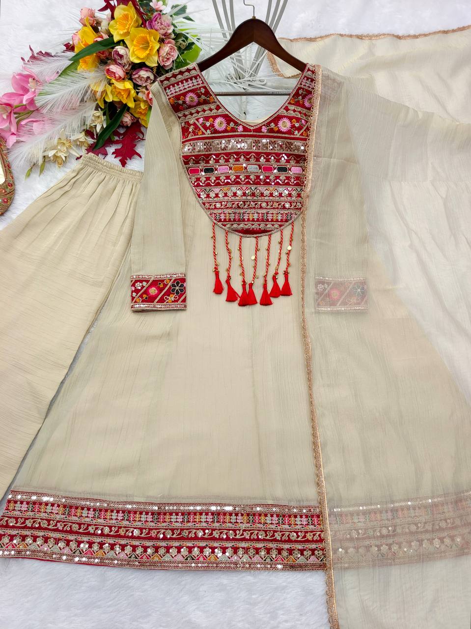 Ivory Embroidered Anarkali Suit with Dupatta Set