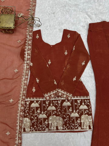 Rust Orange Embroidered Kurta Sharara Set
