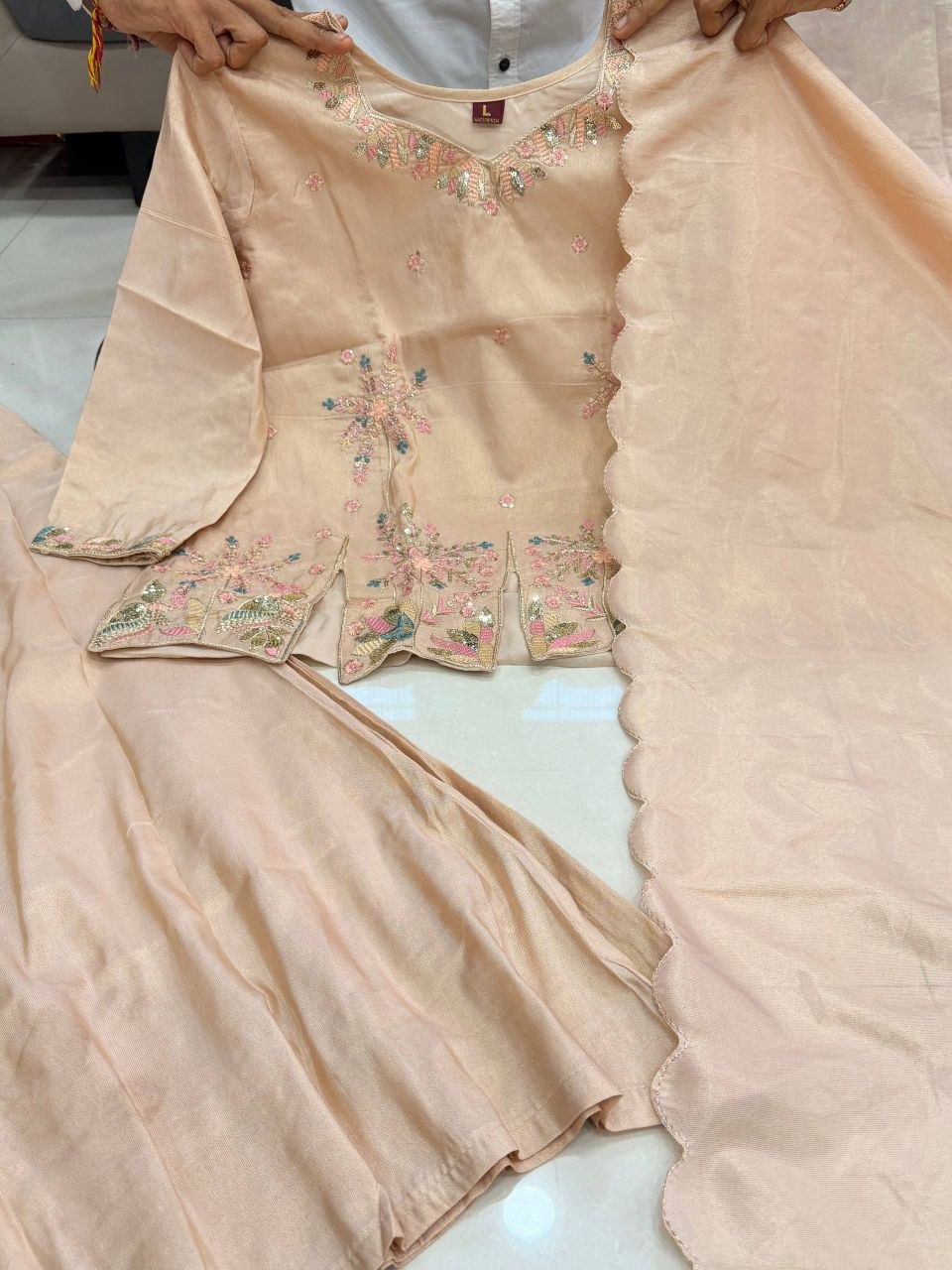 Beige Embroidered Peplum Kurta Palazzo Set with Dupatta