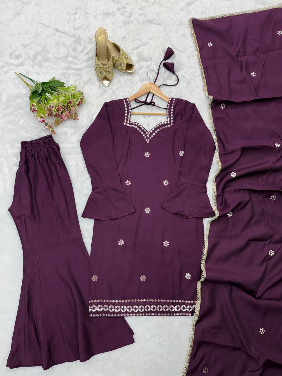Wine Purple Embroidered Kurta Palazzo Set with Dupatta