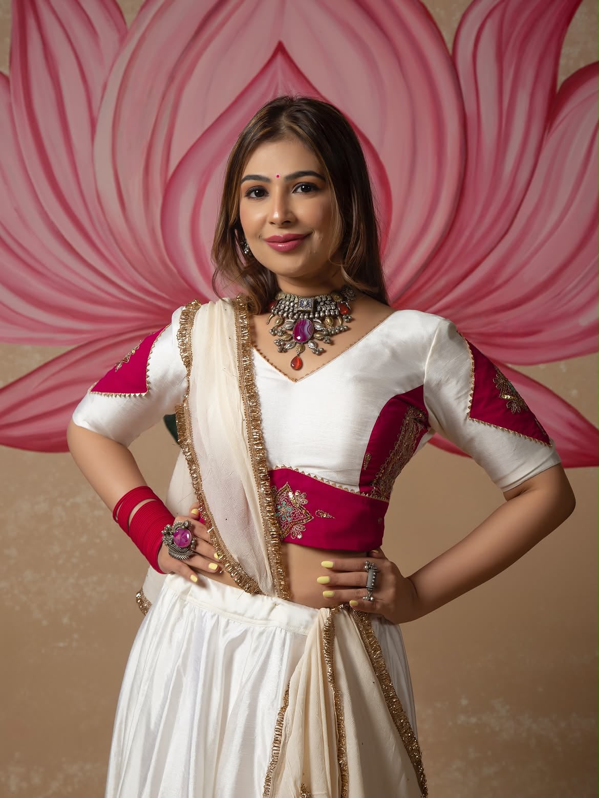 White Lehenga Choli with Pink Embroidered Border & Dupatta