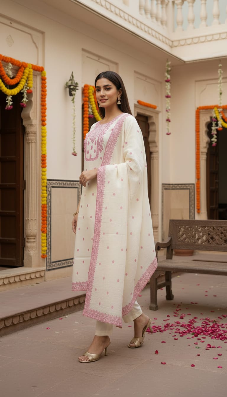 Women's White & Pink Embroidered Kurta Pant Set