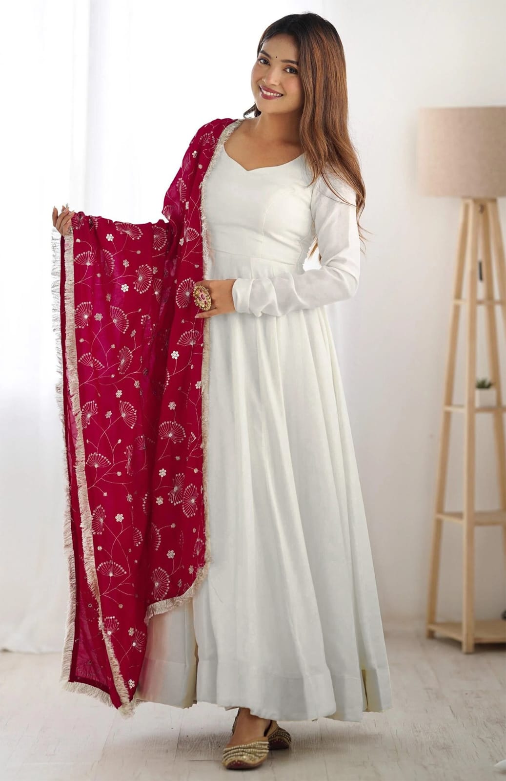 White Anarkali Set with Embroidered Dupatta