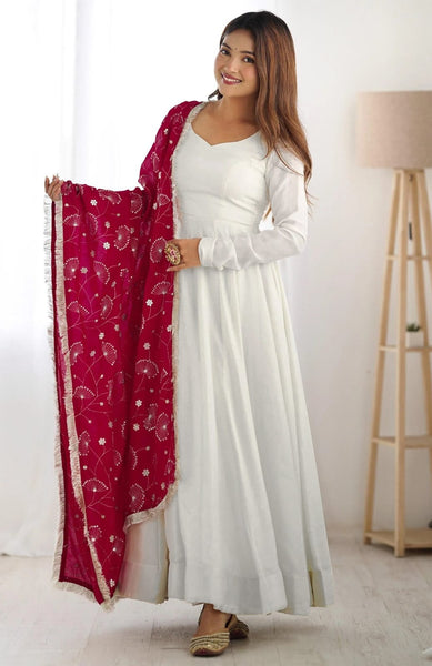 White Anarkali Set with Embroidered Dupatta