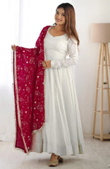 White Anarkali Set with Embroidered Dupatta