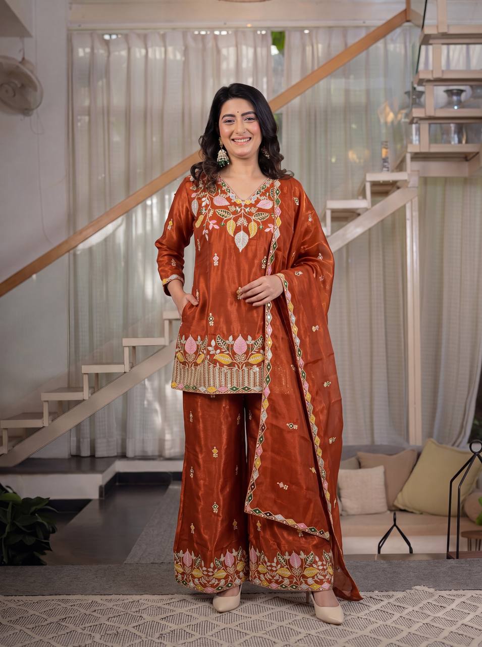 Rust Orange Embroidered Kurta Pant Set with Dupatta