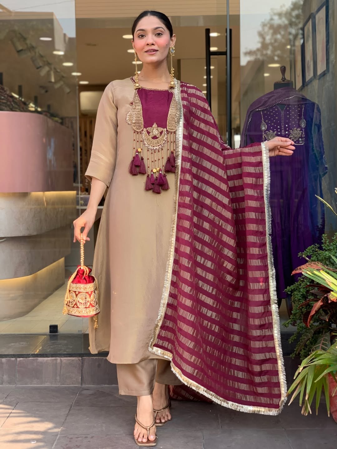 Elegant Beige & Wine Designer Kurta Set with Striped Dupatta