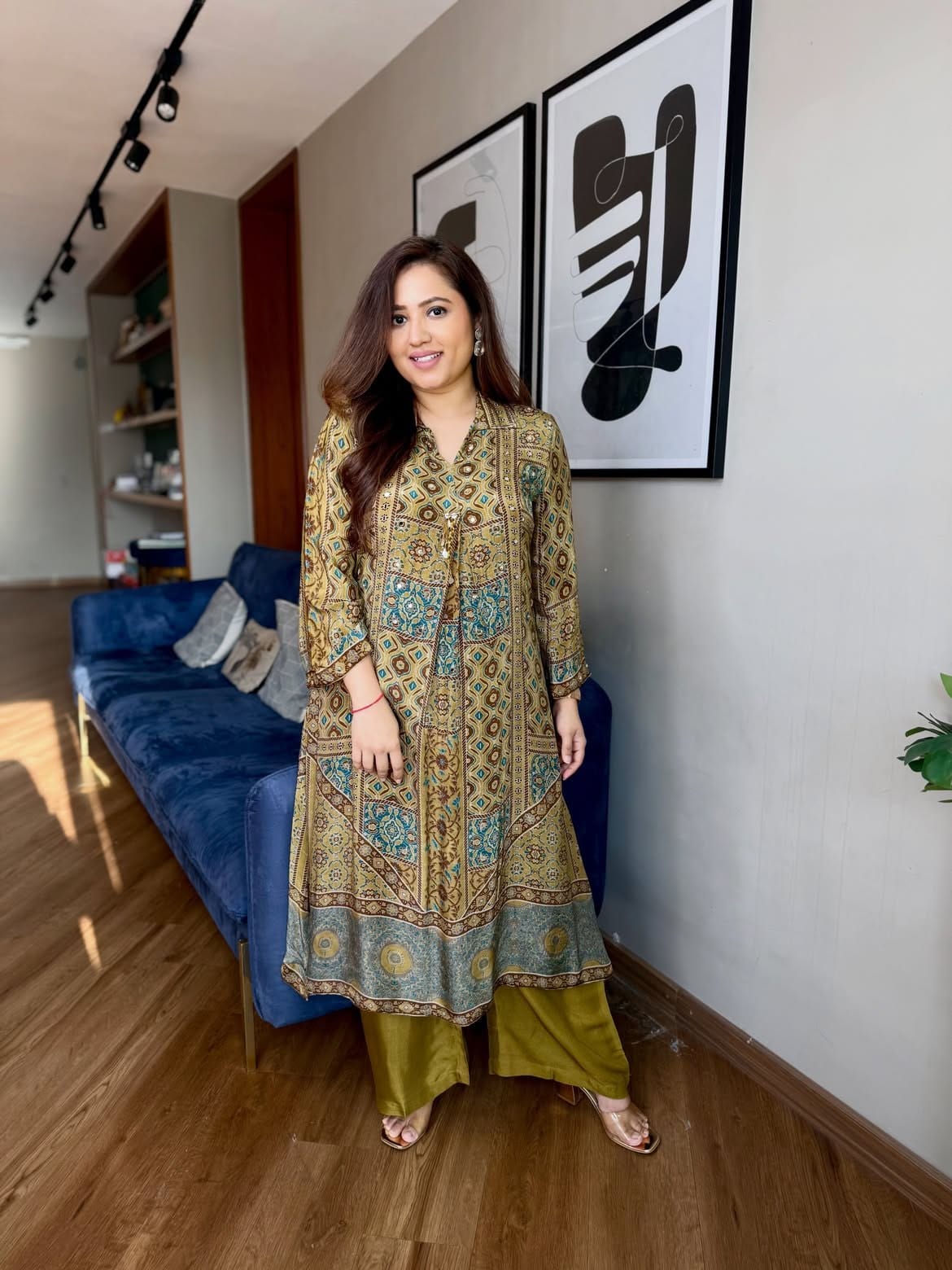 Olive Green Printed A-Line Kurta Set