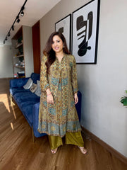 Olive Green Printed A-Line Kurta Set
