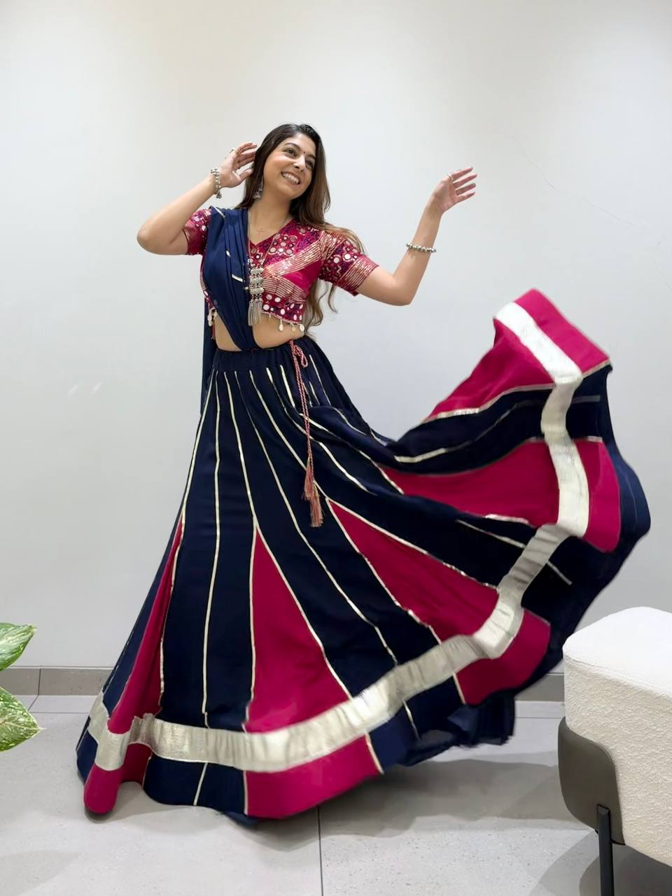 Navy Blue & Wine Designer Lehenga Choli with Dupatta