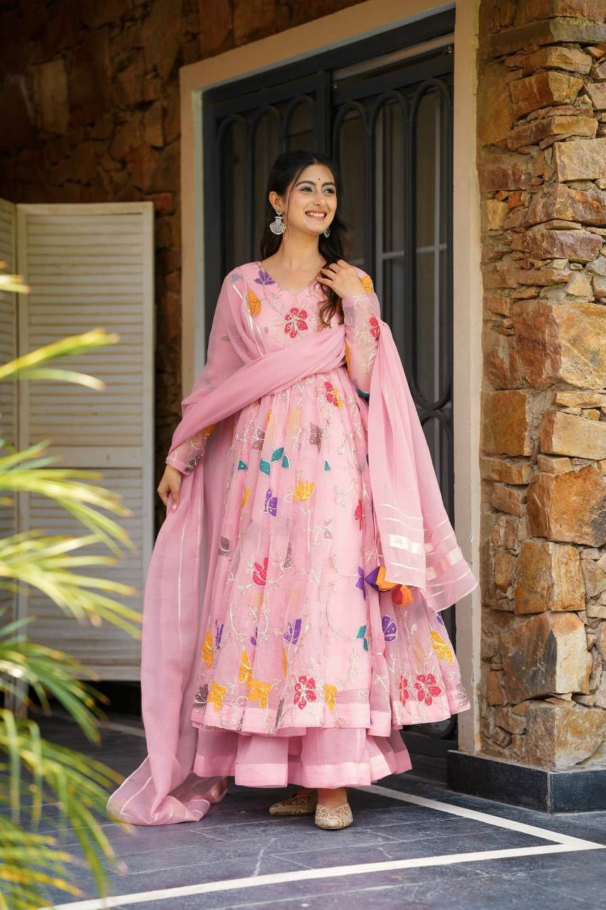 Pastel Pink Floral Embroidered Anarkali Suit with Dupatta