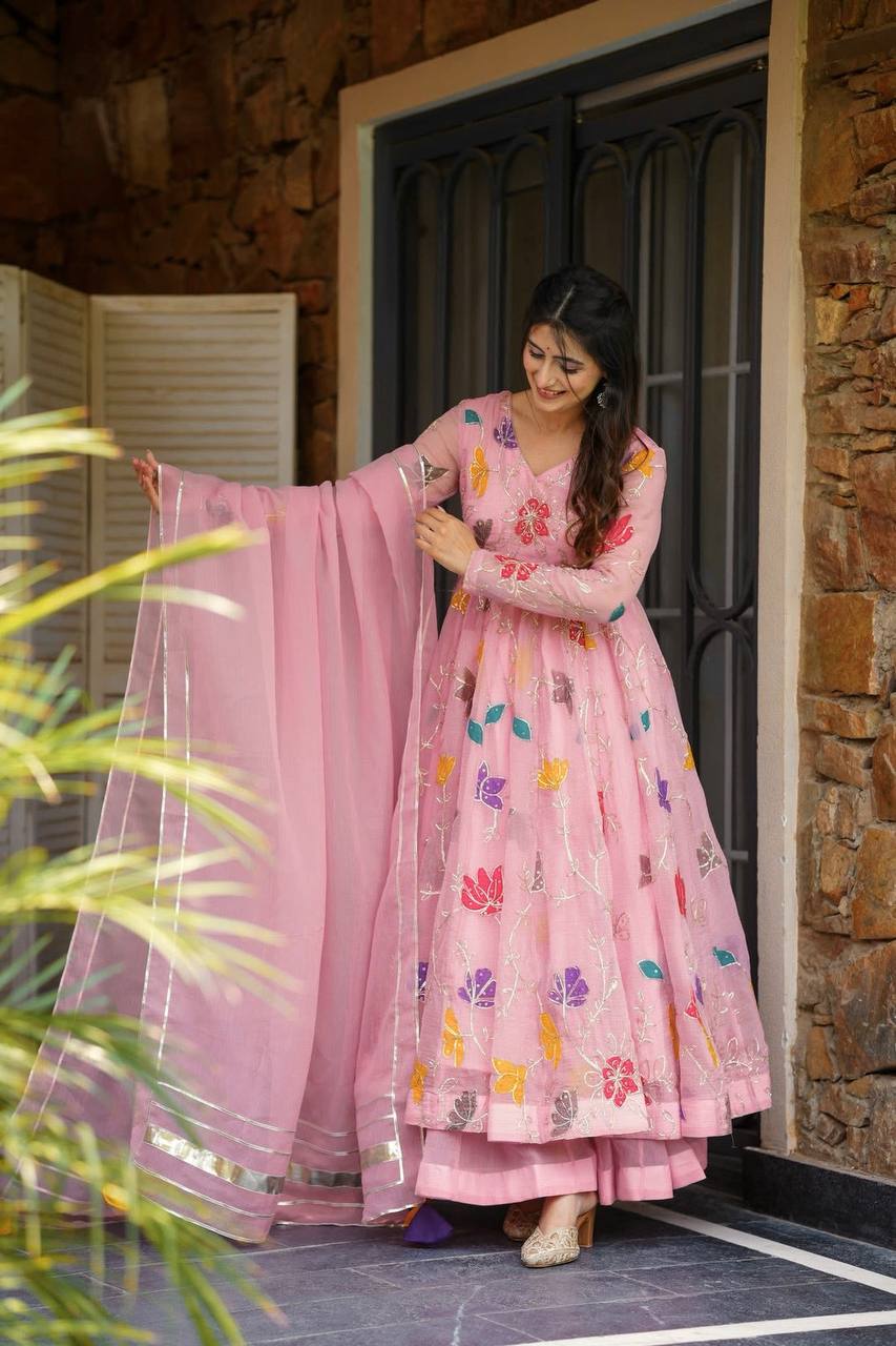 Pastel Pink Floral Embroidered Anarkali Suit with Dupatta
