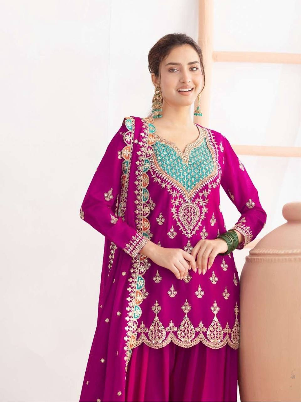 Magenta Embroidered Palazzo Suit Set with Dupatta
