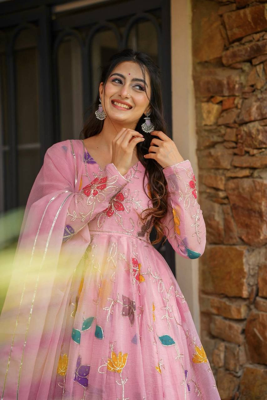 Pastel Pink Floral Embroidered Anarkali Suit with Dupatta