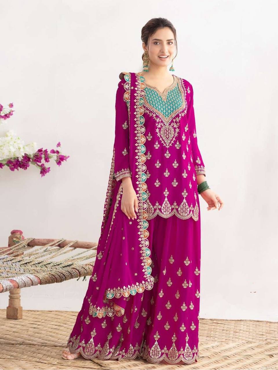 Magenta Embroidered Palazzo Suit Set with Dupatta