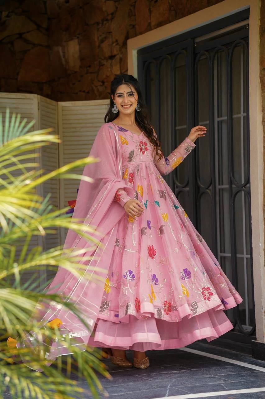 Pastel Pink Floral Embroidered Anarkali Suit with Dupatta