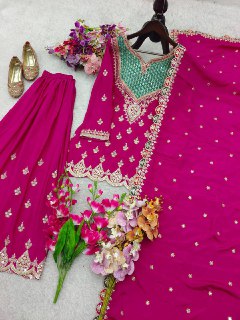 Magenta Embroidered Palazzo Suit Set with Dupatta