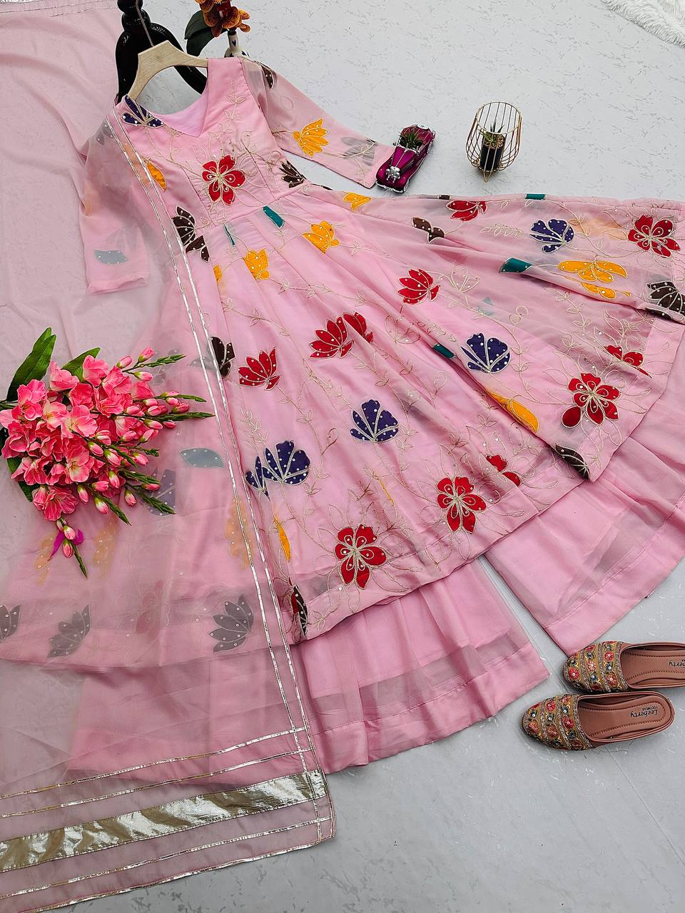 Pastel Pink Floral Embroidered Anarkali Suit with Dupatta