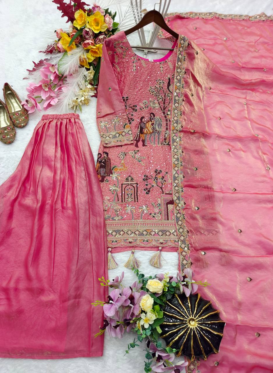 Peach Pink Embroidered Silk Kurta Set with Dupatta