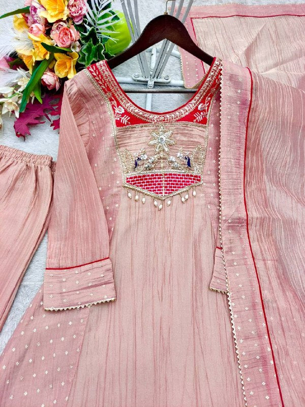 Peach Embroidered A-Line Cut Salsa Silk Top - Pent & dupatta set