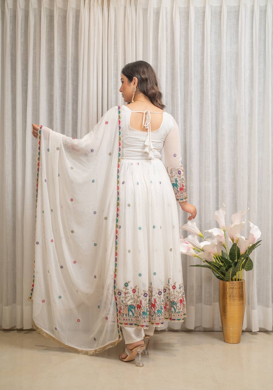 White Floral Printed Anarkali Suit Set with Dupatta