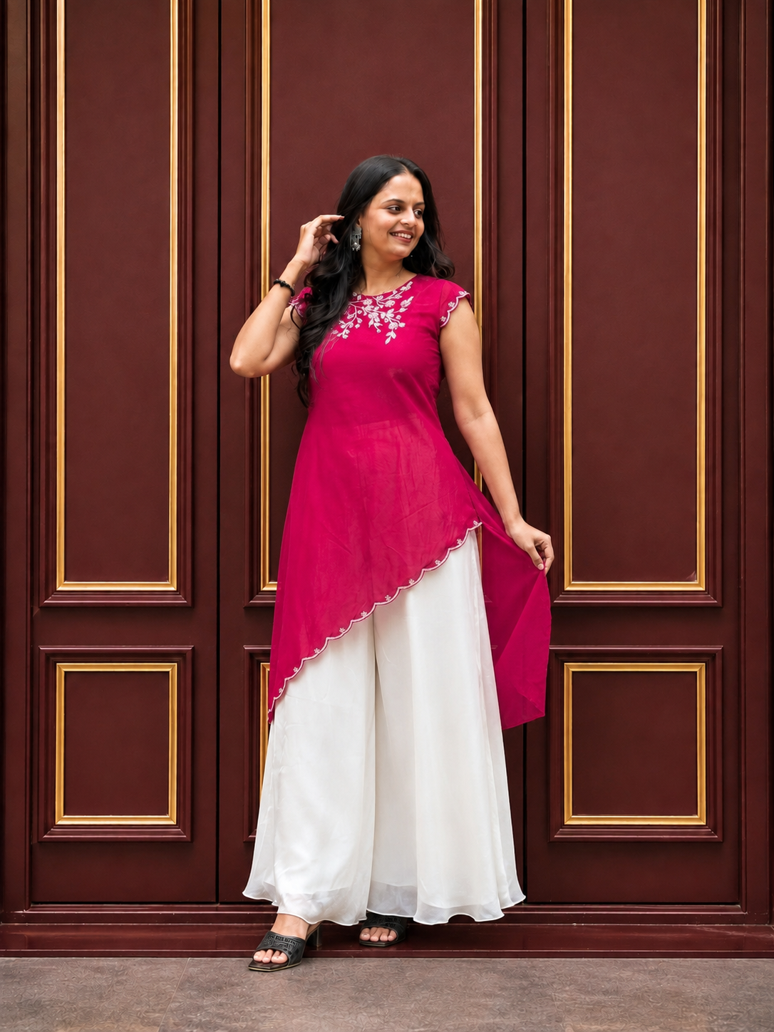 Embroidered Rani Pink & White Palazzo Set