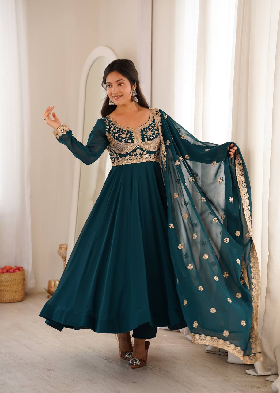 Teal Blue Embroidered Anarkali Suit Set with Dupatta