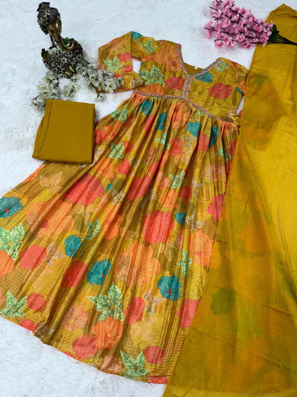 Mustard Yellow Floral Printed Anarkali Kurta Set with Dupatta
