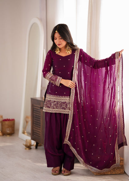 Wine Purple Embroidered Kurta Salwar Set